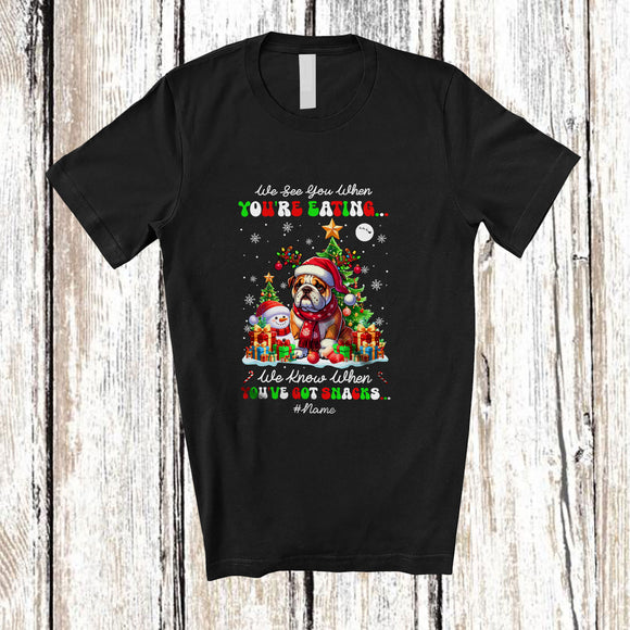 MacnyStore - Personalized Custom Name We See You Eating; Amusing Christmas Tree Bulldog Owner T-Shirt