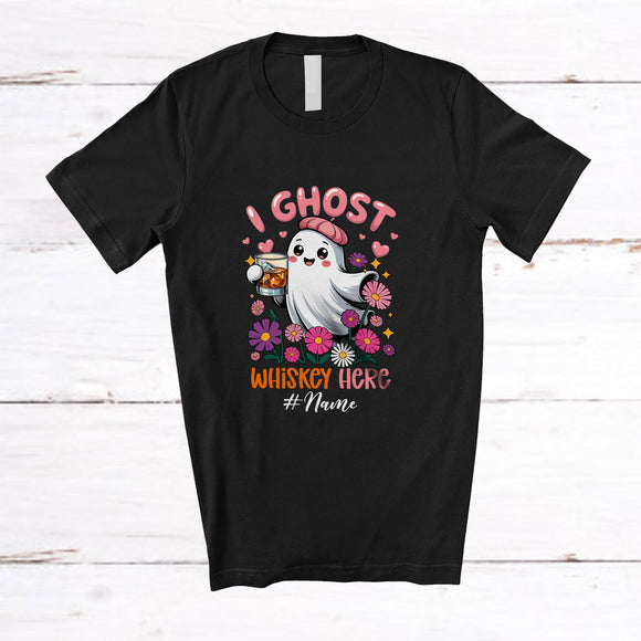 MacnyStore - Personalized Custom Name I Ghost Whiskey Here; Lovely Halloween Pink Boo Flowers; Drinking T-Shirt