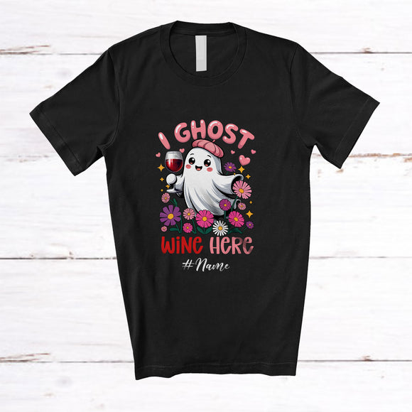 MacnyStore - Personalized Custom Name I Ghost Wine Here; Lovely Halloween Pink Boo Flowers; Drinking T-Shirt