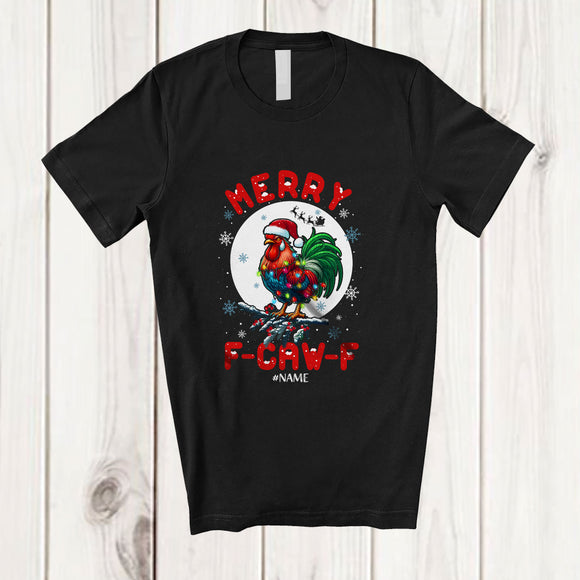MacnyStore - Personalized Custom Name Merry F-Caw-F; Humorous Christmas Santa Rooster Chicken; Farmer T-Shirt