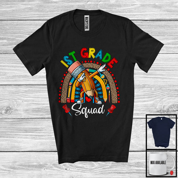 MacnyStore - 1st Grade Squad, Adorable Back To School Dabbing Pencil Leopard Rainbow, Student Teacher T-Shirt