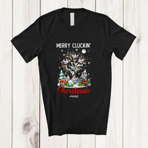 MacnyStore - Personalized Custom Name Merry Cluckin' Christmas; Amazing Santa Farmer Chicken On X-mas Tree T-Shirt