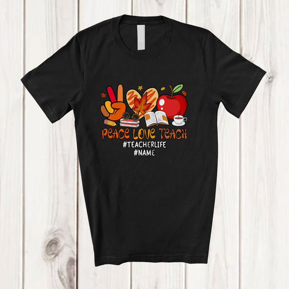 MacnyStore - Personalized Custom Name Peace Love Teach Teacher; Awesome Thanksgiving Fall Leaf Heart T-Shirt
