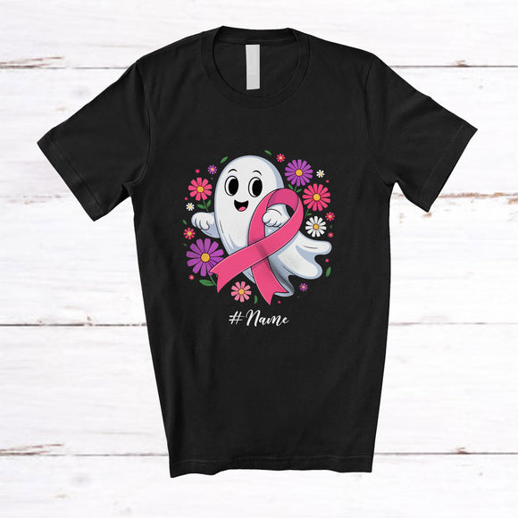 MacnyStore - Personalized Custom Name Boo Ghost With Pink Ribbon; Floral Breast Cancer Halloween Family T-Shirt