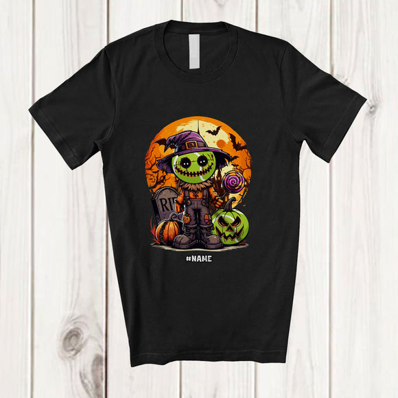 MacnyStore - Personalized Custom Name Witch Skull Tennis Player; Creepy Halloween Pumpkin Sport Playing T-Shirt