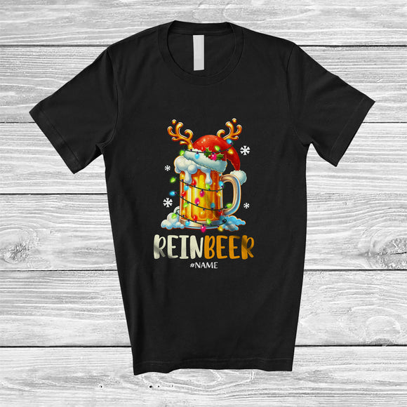 MacnyStore - Personalized Custom Name Reinbeer; Cheerful Christmas Lights Santa Reindeer Beer; Drinking T-Shirt