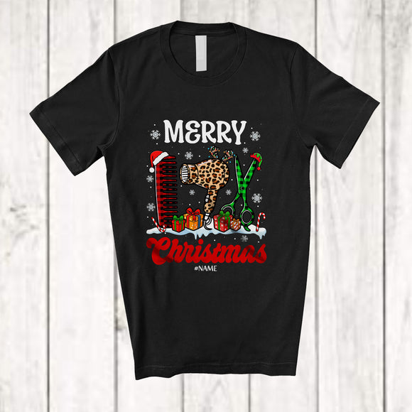 MacnyStore - Personalized Custom Name Merry Christmas; Amazing Three Plaid Leopard Hairstylist Tools T-Shirt