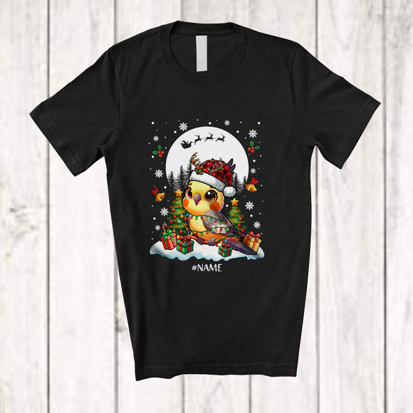 MacnyStore - Personalized Custom Name Cockatiel Plaid Santa Reindeer; Lovely Christmas Tree Lights Moon Bird T-Shirt