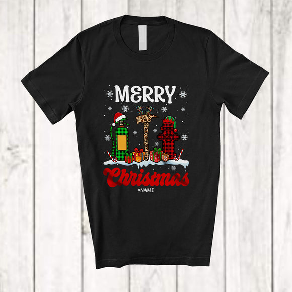 MacnyStore - Personalized Custom Name Merry Christmas; Amazing Three Plaid Leopard Firefighter Tools T-Shirt