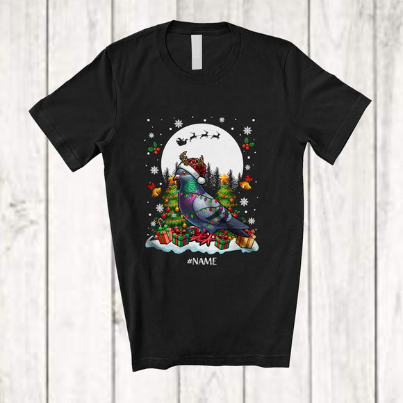 MacnyStore - Personalized Custom Name Pigeon Plaid Santa Reindeer; Lovely Christmas Tree Lights Moon Bird T-Shirt
