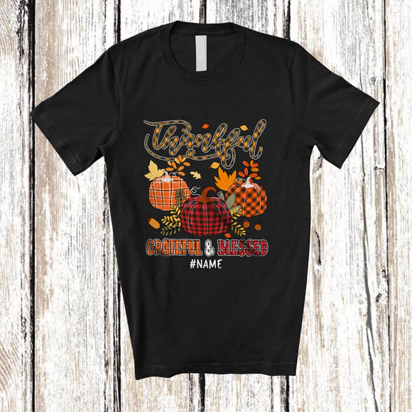 MacnyStore - Personalized Custom Name Thankful Grateful Blessed; Lovely Thanksgiving Plaid Pumpkin T-Shirt