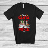 MacnyStore - Personalized Custom Name Santa Just Bring Huskies; Lovely Christmas Lights Tree Family T-Shirt