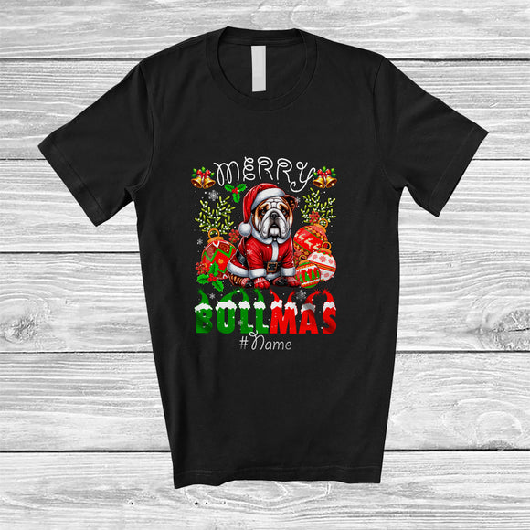 MacnyStore - Personalized Custom Name Merry Bullmas; Lovely Christmas Santa Bulldog With Ornaments; Family T-Shirt
