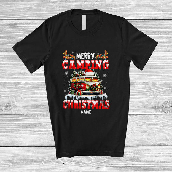 MacnyStore - Personalized Custom Name Merry Camping Christmas; Joyful Santa Camping Truck Snow; Family T-Shirt