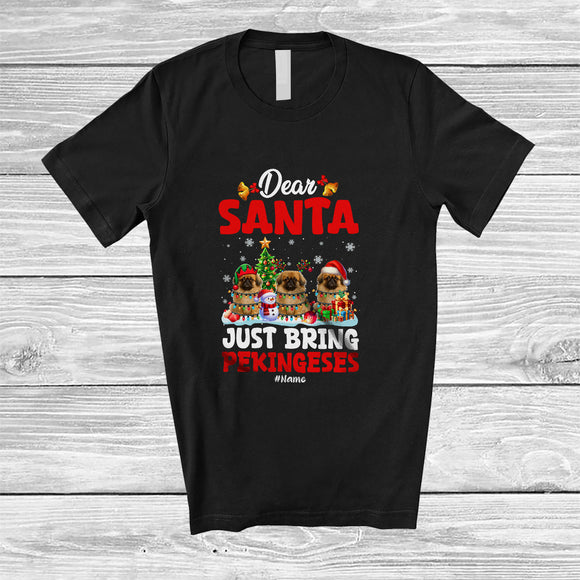 MacnyStore - Personalized Custom Name Santa Just Bring Pekingeses; Lovely Christmas Lights Tree Family T-Shirt