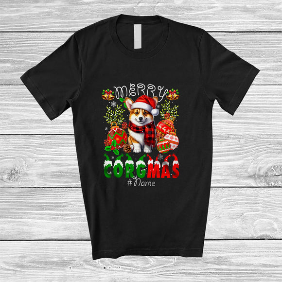 MacnyStore - Personalized Custom Name Merry Corgmas; Lovely Christmas Santa Corgi With Ornaments; Family T-Shirt
