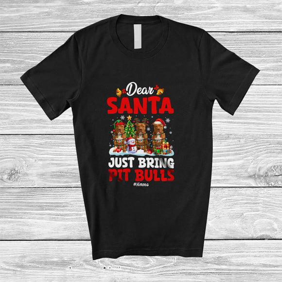MacnyStore - Personalized Custom Name Santa Just Bring Pit Bulls; Lovely Christmas Lights Tree Family T-Shirt