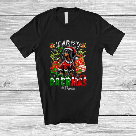 MacnyStore - Personalized Custom Name Merry Dachmas; Lovely Christmas Santa Dachshund Ornaments; Family T-Shirt