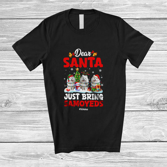 MacnyStore - Personalized Custom Name Santa Just Bring Samoyeds; Lovely Christmas Lights Tree Family T-Shirt