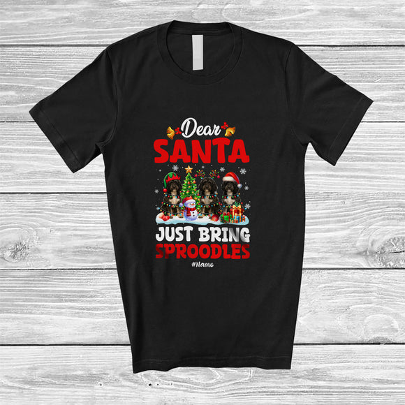 MacnyStore - Personalized Custom Name Santa Just Bring Sproodles; Lovely Christmas Lights Tree Family T-Shirt