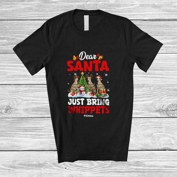 MacnyStore - Personalized Custom Name Santa Just Bring Whippets; Lovely Christmas Lights Tree Family T-Shirt