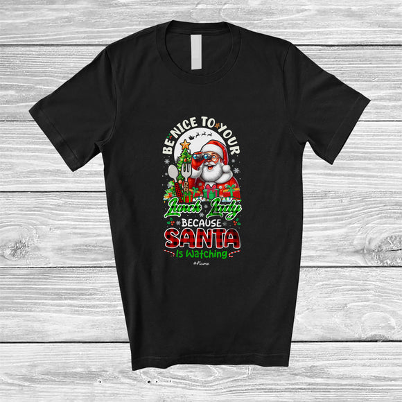 MacnyStore - Personalized Custom Name Nice To Your Lunch Lady Santa; Awesome Christmas Tree Moon Plaid T-Shirt