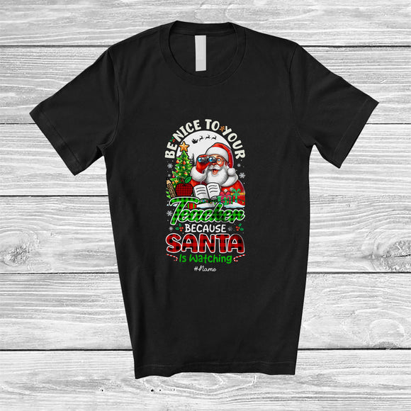 MacnyStore - Personalized Custom Name Nice To Your Teacher Santa; Awesome Christmas Tree Moon Plaid T-Shirt