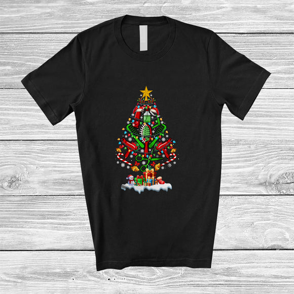 MacnyStore - Personalized Custom Name Santa Elf Hair Stylist Christmas Tree; Wonderful X-mas Lights Proud Jobs T-Shirt