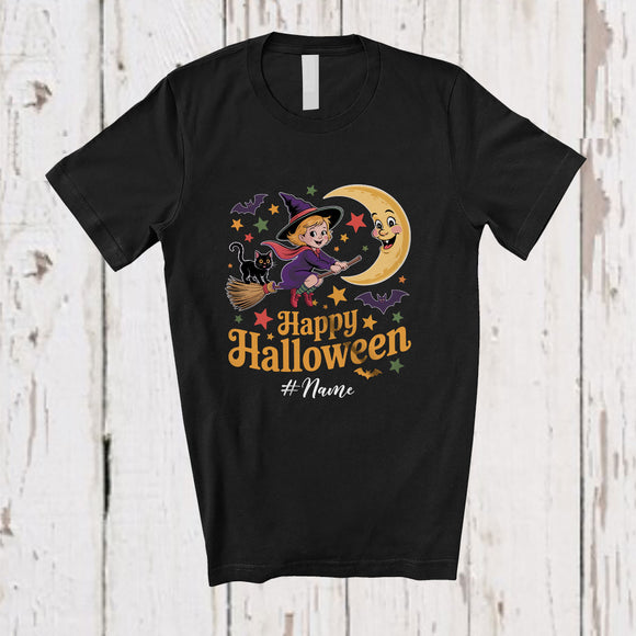 MacnyStore - Personalized Happy Halloween; Adorable Custom Name Girl Witch On Moon; Family T-Shirt