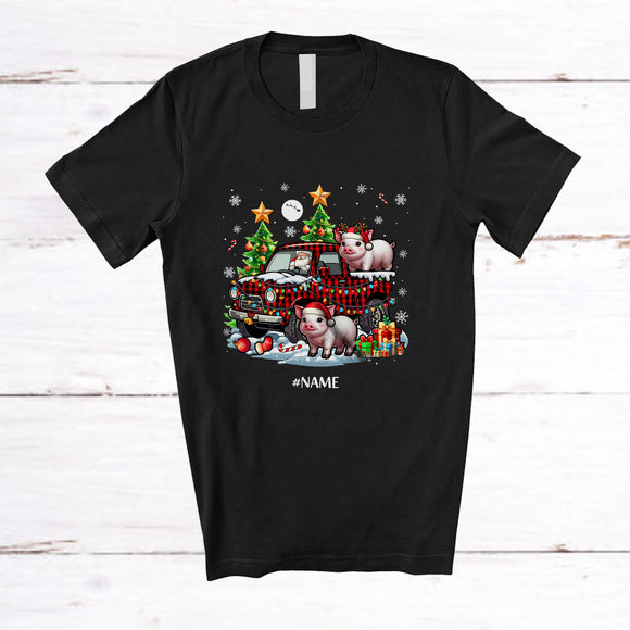 MacnyStore - Personalized Custom Name My Christmas Pajama Shirt; Lovely Pig On Plaid Pickup Truck; Farmer T-Shirt