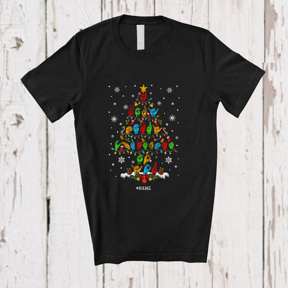 MacnyStore - Personalized Custom Name ASL Sign Language Christmas Tree; Amazing X-mas Lights Family T-Shirt