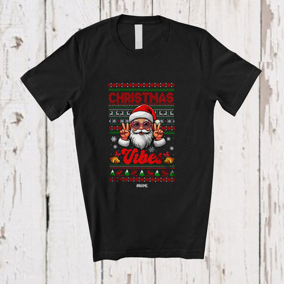 MacnyStore - Personalized Custom Name Christmas Vibes; Humorous Sweater Santa Heart Sunglasses; Family T-Shirt