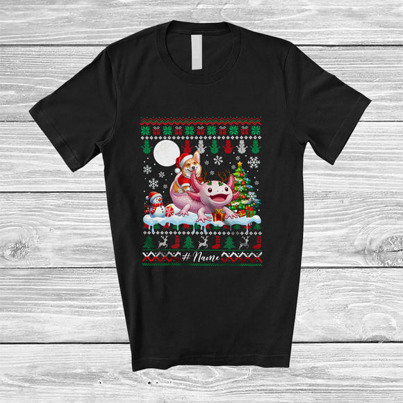 MacnyStore - Personalized Custom Name Santa Corgi Riding Axolotl; Merry Christmas Sweater Moon Animal T-Shirt