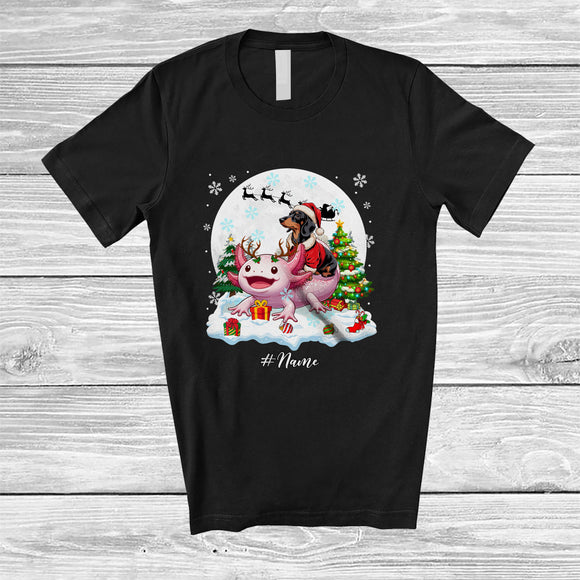 MacnyStore - Personalized Custom Name Santa Dachshund Riding Axolotl; Merry Christmas Moon Snow Animal T-Shirt