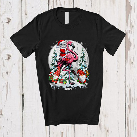 MacnyStore - Personalized Custom Name Santa Cat Riding Flamingo; Joyful Christmas Moon X-mas Pajama Family T-Shirt