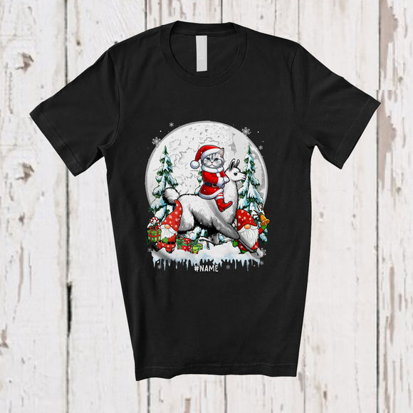 MacnyStore - Personalized Custom Name Santa Cat Riding Llama; Joyful Christmas Moon X-mas Pajama Family T-Shirt