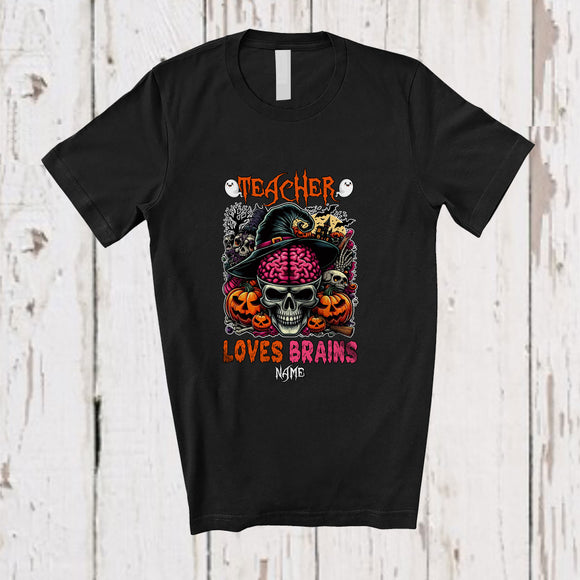 MacnyStore - Personalized Custom Name Teacher Loves Brains; Scary Halloween Skull Brain Zombie T-Shirt