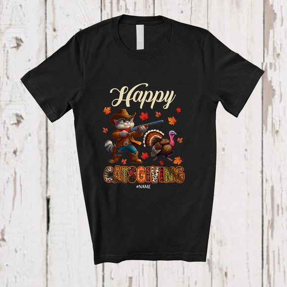 MacnyStore - Personalized Custom Name Happy Catsgiving; Humorous Thanksgiving Pilgrim Cat Hunting Turkey T-Shirt