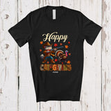 MacnyStore - Personalized Custom Name Happy Catsgiving; Humorous Thanksgiving Pilgrim Cat Hunting Turkey T-Shirt