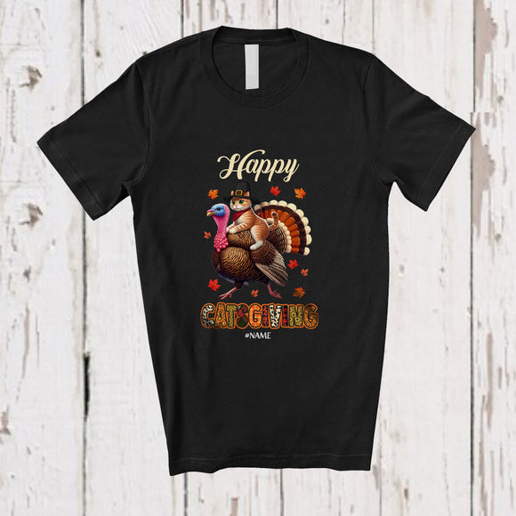 MacnyStore - Personalized Custom Name Happy Catsgiving; Humorous Thanksgiving Pilgrim Cat Riding Turkey T-Shirt