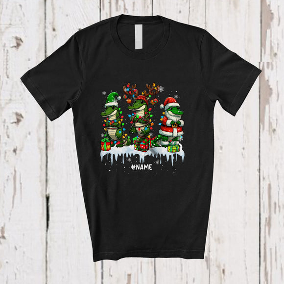 MacnyStore - Personalized Custom Name Three Elf Reindeer Santa Crocodilians; Lovely Christmas Lights Animal T-Shirt