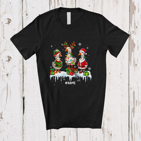 MacnyStore - Personalized Custom Name Three Elf Reindeer Santa Gooses; Lovely Christmas Lights Animal T-Shirt