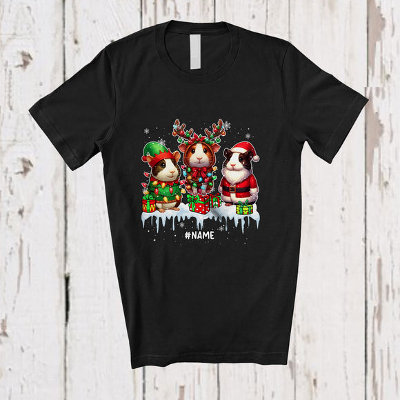 MacnyStore - Personalized Custom Name Three Elf Reindeer Santa Guinea Pigs; Lovely Christmas Lights Animal T-Shirt