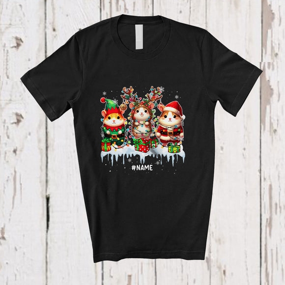 MacnyStore - Personalized Custom Name Three Elf Reindeer Santa Hamsters; Lovely Christmas Lights Animal T-Shirt