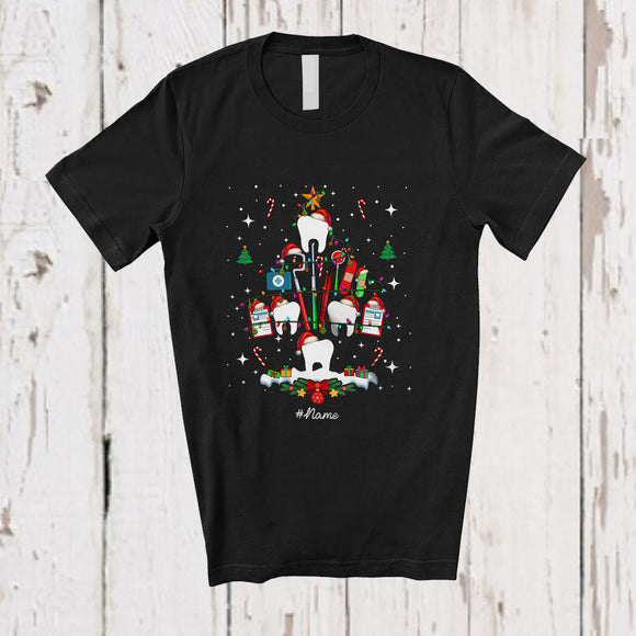 MacnyStore - Personalized Custom Name Dentist Tools Christmas Tree; Joyful X-mas Lights Proud Jobs T-Shirt
