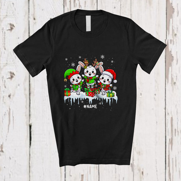 MacnyStore - Personalized Custom Name Three Elf Reindeer Santa Rabbits; Lovely Christmas Lights Animal T-Shirt
