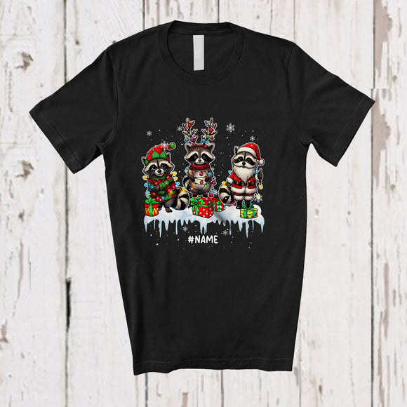 MacnyStore - Personalized Custom Name Three Elf Reindeer Santa Raccoons; Lovely Christmas Lights Animal T-Shirt