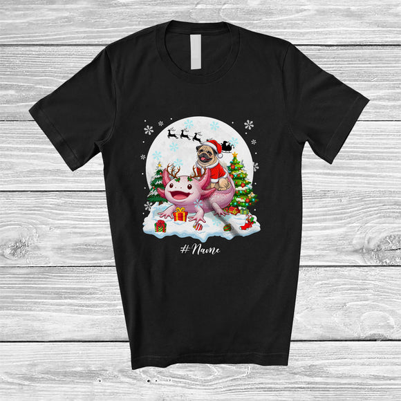 MacnyStore - Personalized Custom Name Santa Pug Riding Axolotl; Merry Christmas Moon Snow Animal T-Shirt
