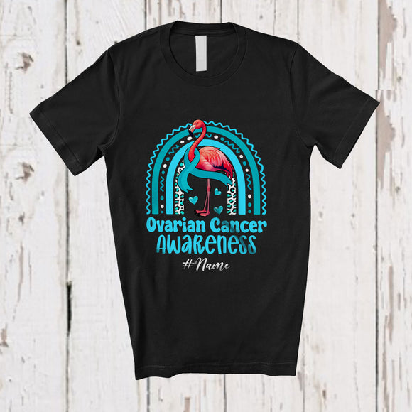 MacnyStore - Personalized Custom Name Ovarian Cancer; Lovely Blue Teal Ribbon Flamingo Rainbow T-Shirt