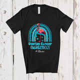 MacnyStore - Personalized Custom Name Ovarian Cancer; Lovely Blue Teal Ribbon Flamingo Rainbow T-Shirt